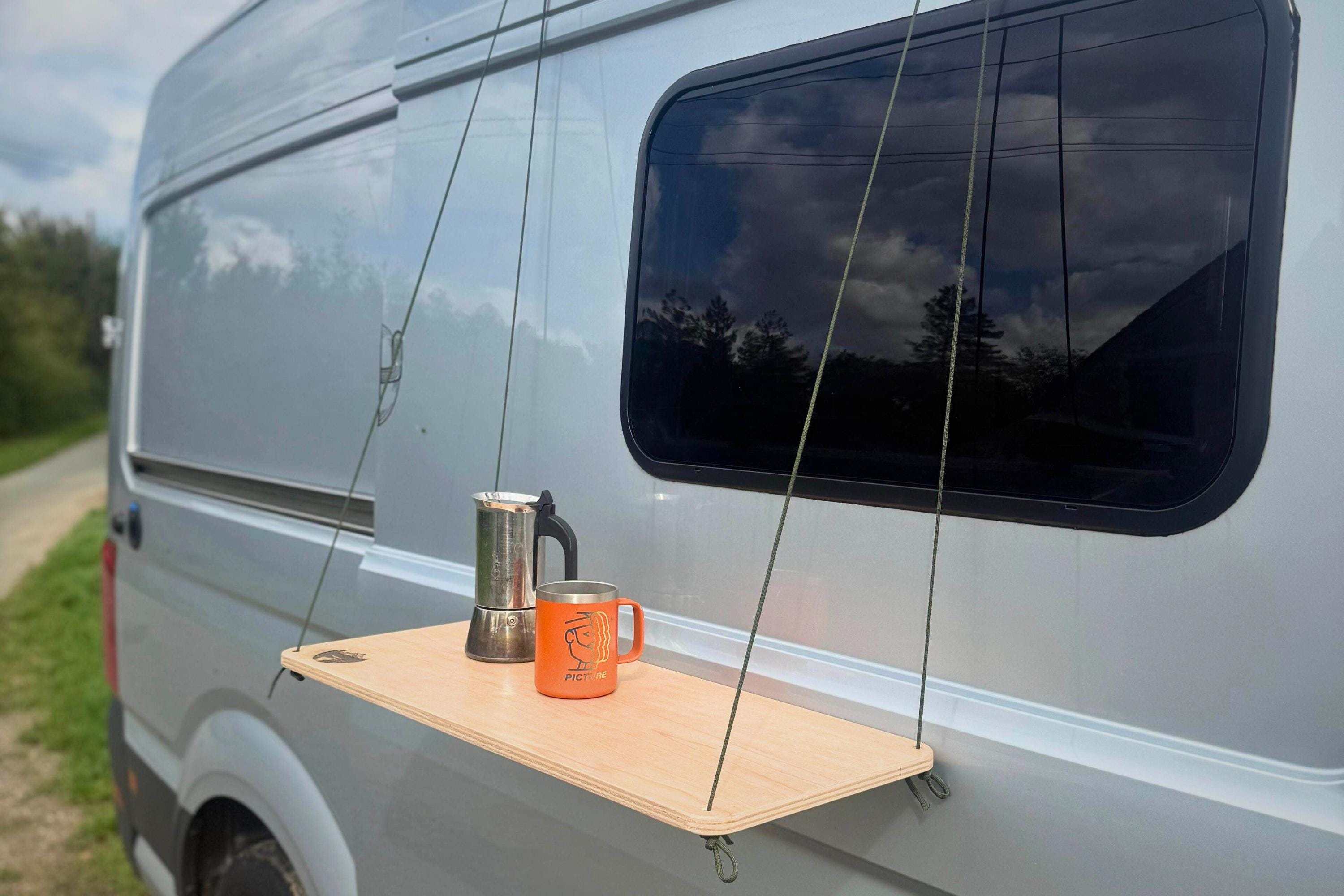 Hanging van table – portable outdoor van shelf wood + rope for camping, vanlife