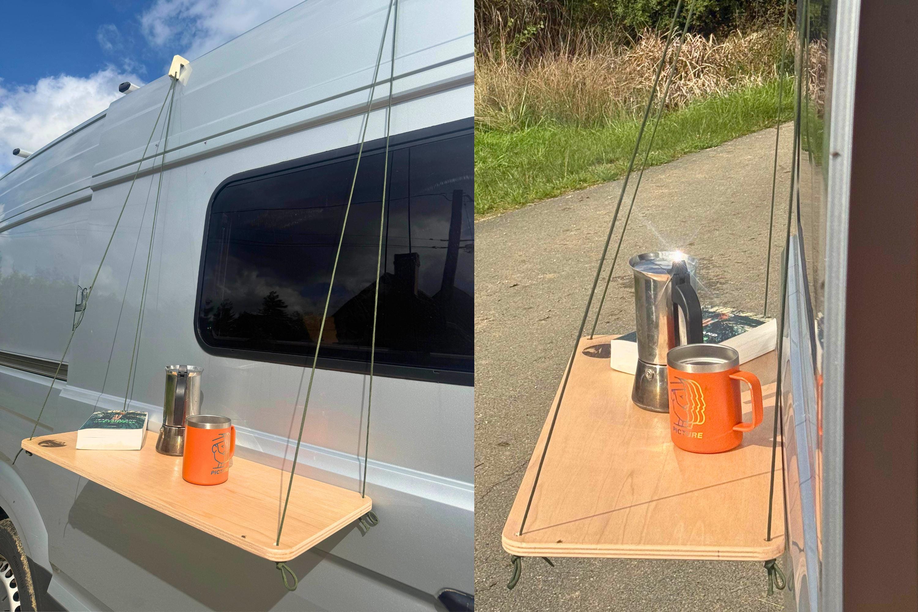 Hanging van table – portable outdoor van shelf wood + rope for camping, vanlife