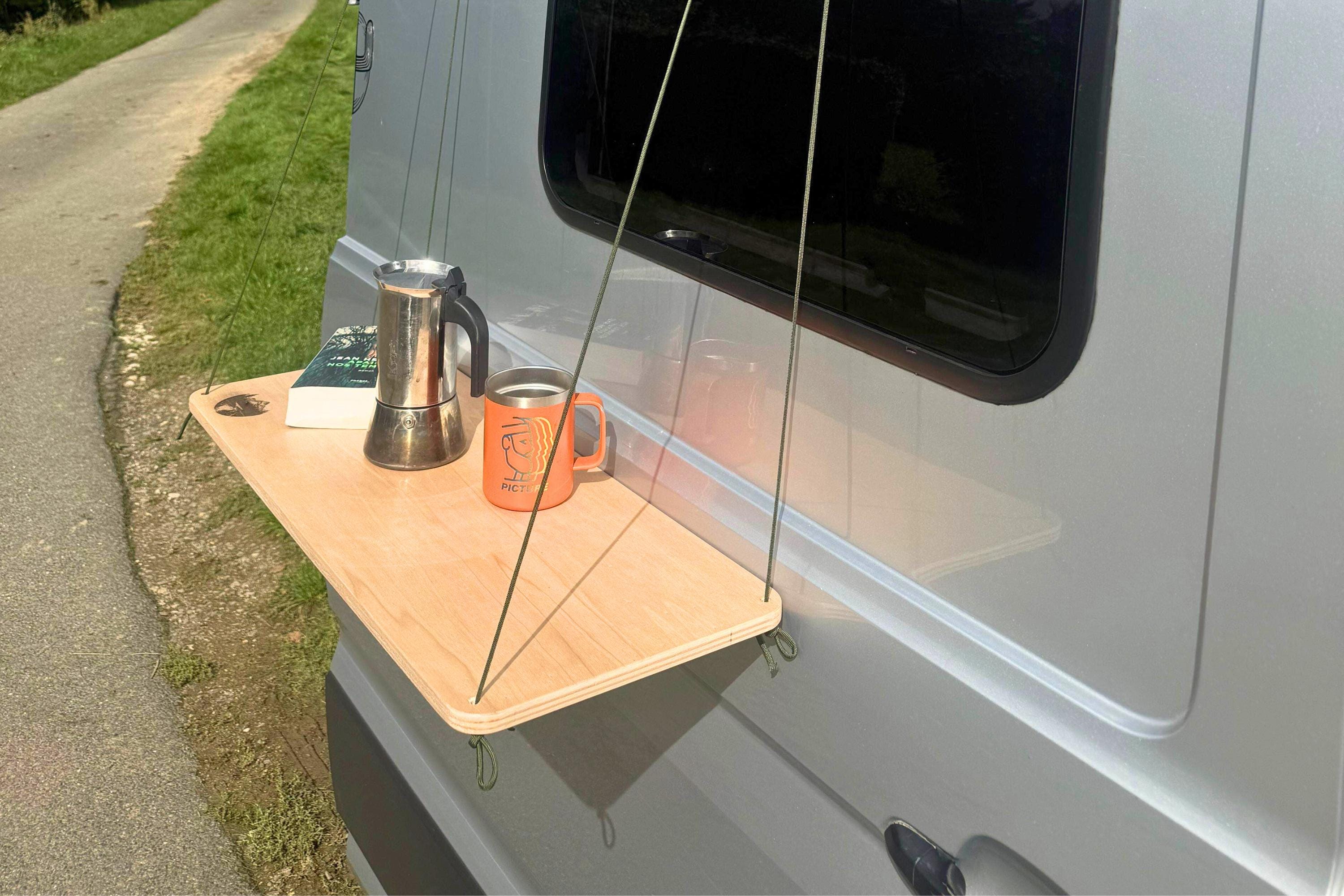 Hanging van table – portable outdoor van shelf wood + rope for camping, vanlife