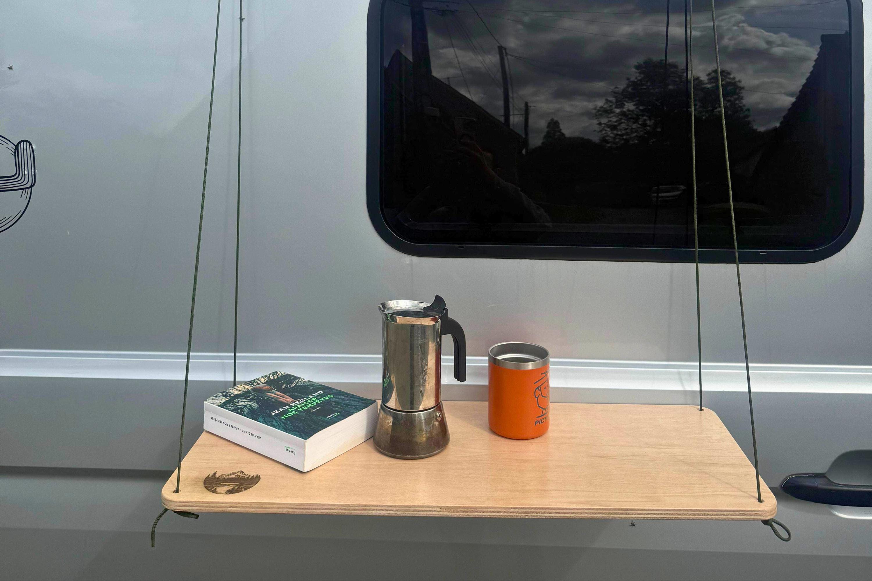 Hanging van table – portable outdoor van shelf wood + rope for camping, vanlife