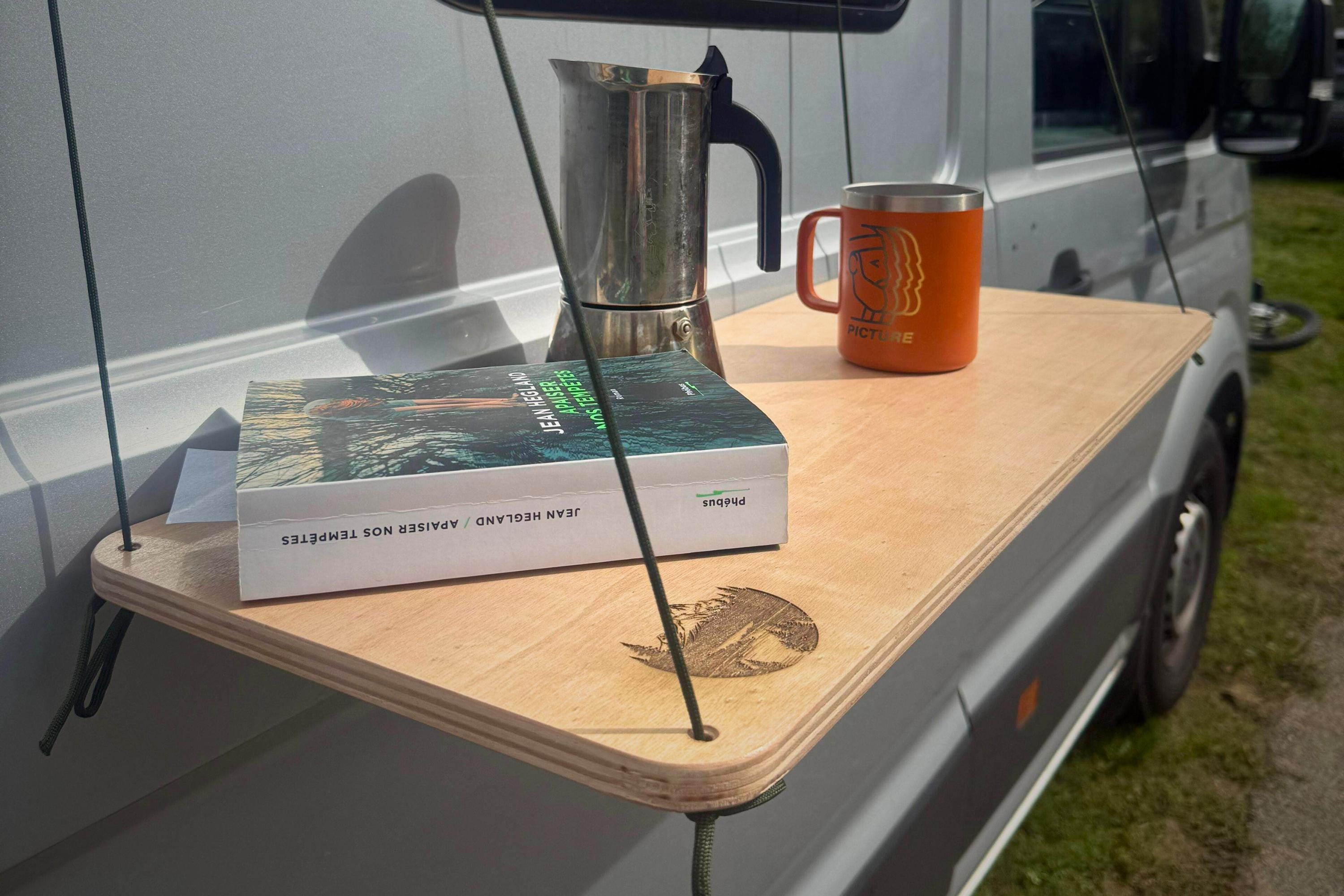 Hanging van table – portable outdoor van shelf wood + rope for camping, vanlife