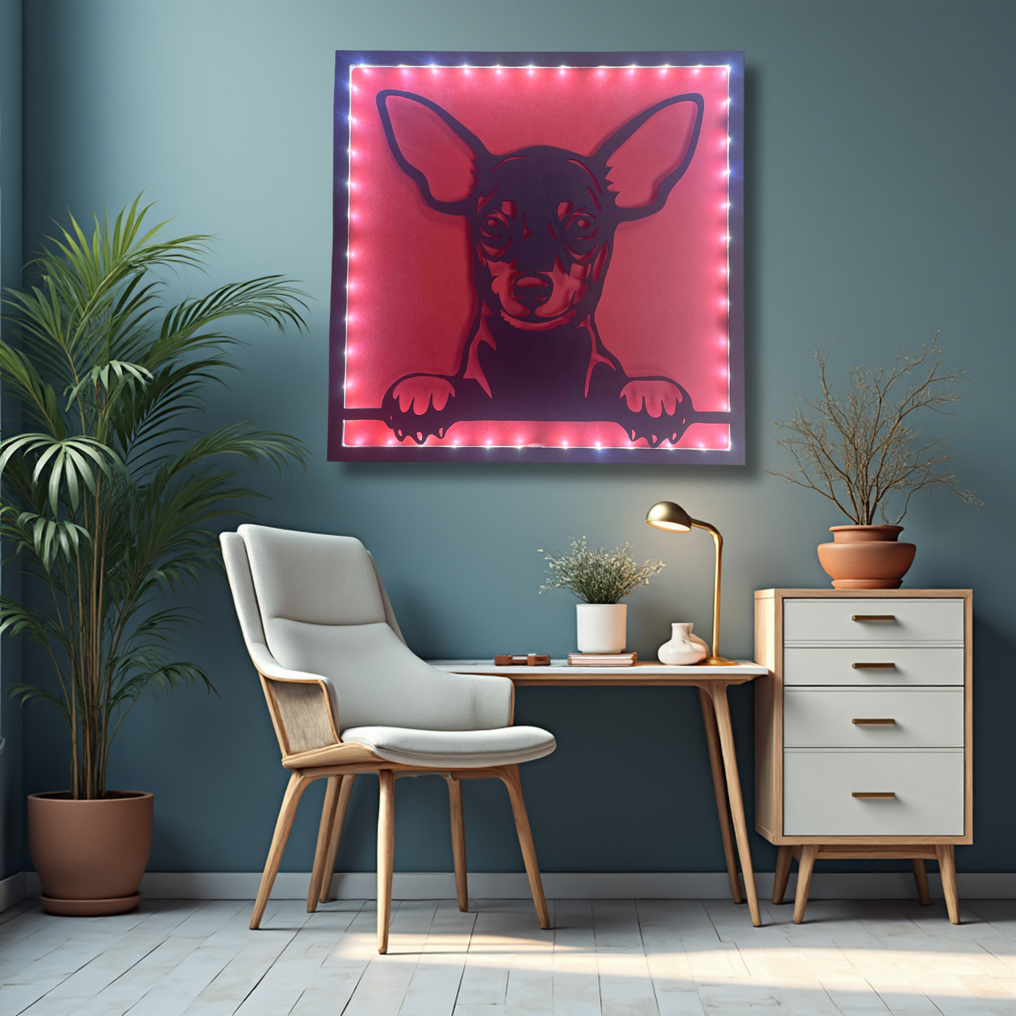 Détail de l'éclairage LED du tableau lumineux chien en bois, fabrication artisanale
