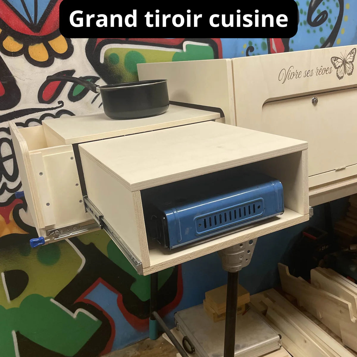 lit peigne évolutif modulable van aménagé bois fabrication artisanal français avec grand tiroir de cuisine