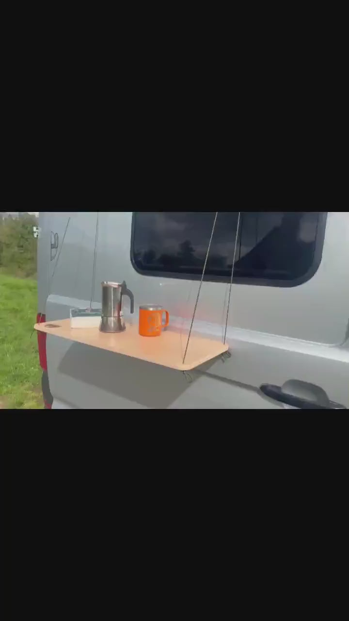 Hanging van table – portable outdoor van shelf wood + rope for camping, vanlife